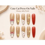 Cute Hand‑Painted Cartoon Cat Press‑On Nails, Sweet Almond False Nails With Star & Polka Dot Red Accent